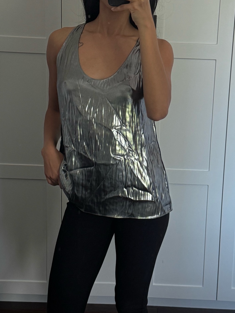 Massimo Dutti Women's Silver Metallic Tank Top - Sleeveless Scoop Neck